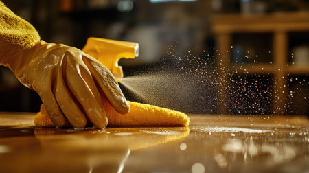 A detail shot of gloves spraying cleaning liquid onto a wooden desk, followed by wiping with a yellow cloth.の素材
