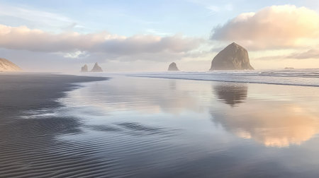 Wet sand near the shoreline reflecting soft light, with wave-shaped patterns extending into the distanceの素材