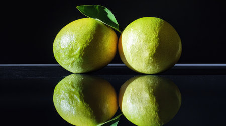 Whole pomelo fruit balanced on a reflective surface, creating a perfect mirror imageの素材