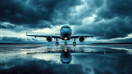 Wide shot of an airplane on the runway under dramatic storm clouds, with puddles reflecting its silhouetteの素材