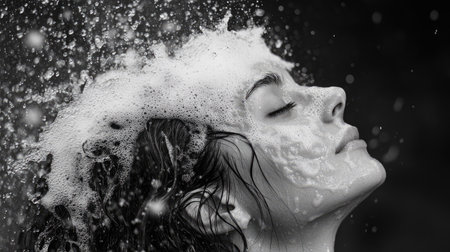 Woman enjoying shampooing her hair under a rain shower, with shampoo foam cascading downの素材