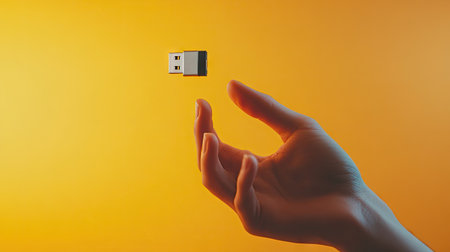 A dynamic shot of a hand extending a USB flash drive toward the camera, with a clean backdrop.の素材
