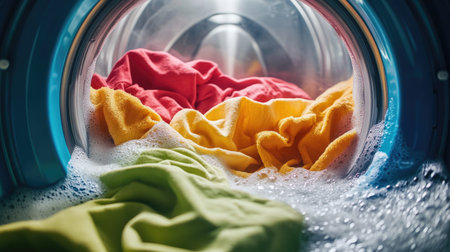 A family's colorful clothes tumbling inside a front-loading washing machine, foam surrounding them.の素材