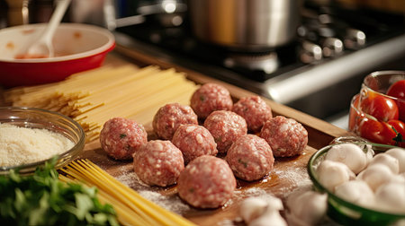 A family dinner preparation scene, with raw meatballs being rolled on a kitchen counter surrounded by pasta ingredients.の素材