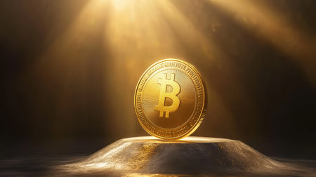 A golden dollar coin prominently displayed on a pedestal, surrounded by dramatic spotlight beams.の素材