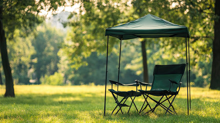 A folding camp chair set under a portable canopy, protecting from the sun in an open park.の素材