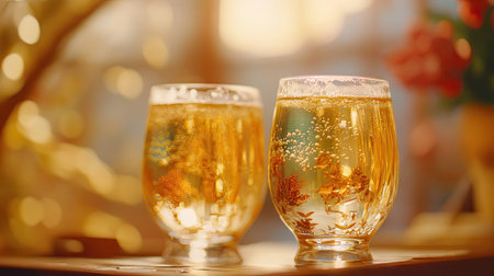 A festive scene with soju glasses clinking mid-toast, capturing the joy of celebration.の素材