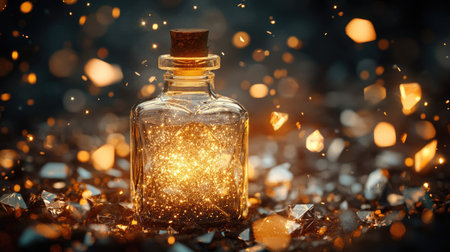 A frosted glass bottle with luminous glitter, amidst diamond-like shards catching warm light.の素材