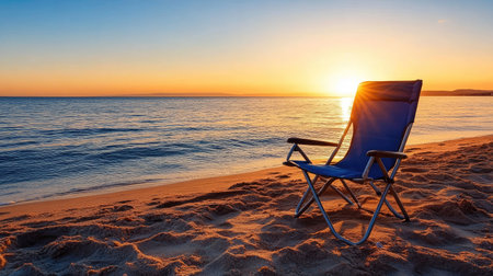 A folding camp chair placed on a sandy beach, overlooking a calm ocean during sunrise.の素材
