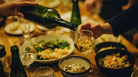 A family-style dinner with soju being poured into glasses, surrounded by laughter and food.の素材