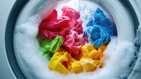 A family's colorful clothes tumbling inside a front-loading washing machine, foam surrounding them.の素材