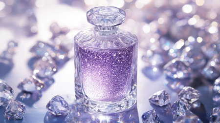 A frosted bottle with purple glitter inside, placed on a silver surface and encircled by diamond-shaped stones.の素材
