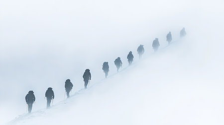 A group of mountain climbers ascending a foggy ridge, their silhouettes barely visible in the thick mist.の素材