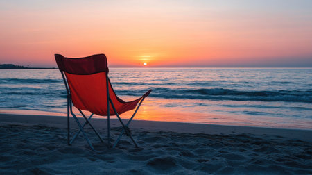 A folding camp chair placed on a sandy beach, overlooking a calm ocean during sunrise.の素材