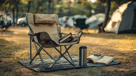 A folding camp chair arranged on a camping mat, with a thermos and a book resting on the armrest.の素材