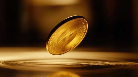 A golden dollar coin spinning on a tabletop, captured in motion against a blurred background.の素材