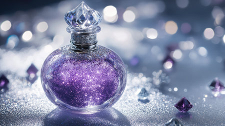 A frosted bottle with purple glitter inside, placed on a silver surface and encircled by diamond-shaped stones.の素材