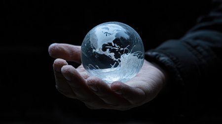 A hand holding a melting snow globe shaped like Earth, emphasizing the fragility of our planet.の素材