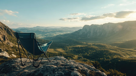 A folding camp chair placed on a rocky outcrop with a stunning valley view stretching into the distance.の素材
