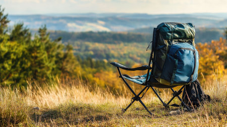 A folding camp chair with a hiker's backpack leaning against it, placed on a hilltop.の素材