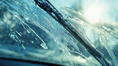 A frozen windshield with wipers moving, scraping away ice under the glare of sunlight.の素材
