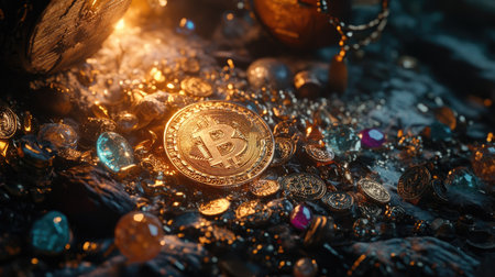 A golden dollar coin resting among scattered treasure, including gemstones and other shiny coins, in a pirate-themed setting.の素材