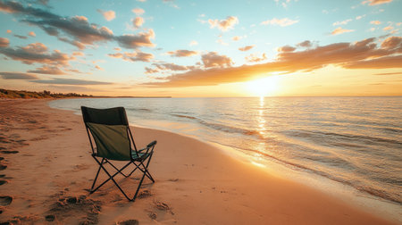 A folding camp chair placed on a sandy beach, overlooking a calm ocean during sunrise.の素材