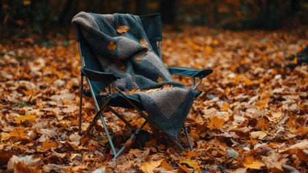 A folding camp chair with a cozy blanket draped over it, surrounded by fallen autumn leaves.の素材