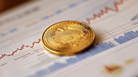 A golden dollar coin on a financial chart, symbolizing wealth and investment, with graphs and data in the background.の素材