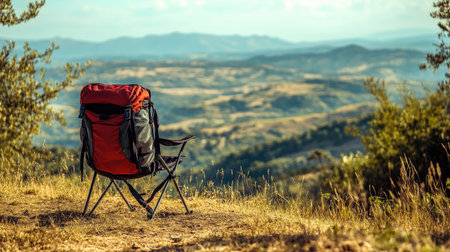 A folding camp chair with a hiker's backpack leaning against it, placed on a hilltop.の素材