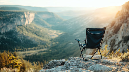A folding camp chair placed on a rocky outcrop with a stunning valley view stretching into the distance.の素材
