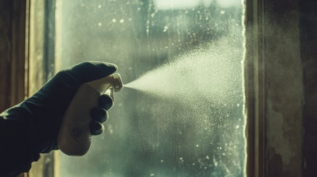 A gloved hand spraying a fine mist of cleaner on a dusty window, followed by wiping with a cloth.の素材