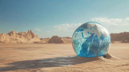 A globe wrapped in melting ice, placed on a desert landscape to depict the effects of global warming.の素材