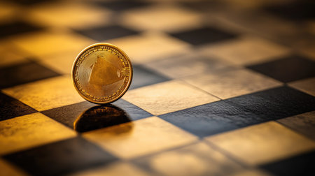 A golden dollar coin resting on a chessboard, symbolizing strategy and financial planning.の素材