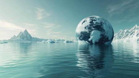 A half-submerged Earth in water, with the surface covered in icebergs melting rapidly.の素材