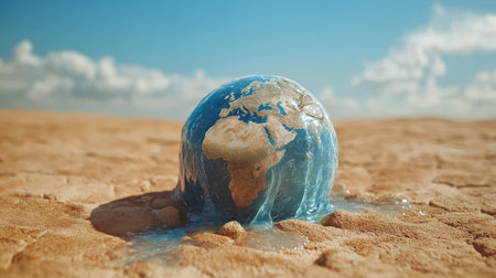 A globe wrapped in melting ice, placed on a desert landscape to depict the effects of global warming.の素材