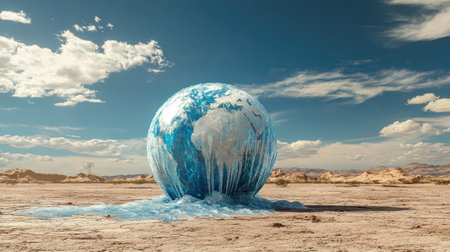 A globe wrapped in melting ice, placed on a desert landscape to depict the effects of global warming.の素材