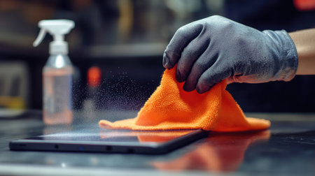 A hand wearing a glove using a bright orange rag to wipe dust off an electronic device with a cleaning spray nearby.の素材