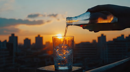 A hand pouring soju into a glass against the backdrop of a city skyline at sunset.の素材