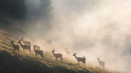A herd of wild deer grazing on a foggy mountain hillside, with soft light filtering through the mist.の素材