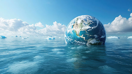 A half-submerged Earth in water, with the surface covered in icebergs melting rapidly.の素材