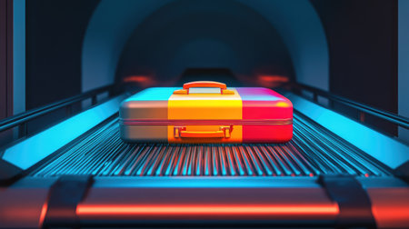 A high-resolution shot of an X-ray machine's conveyor belt carrying a colorful suitcase for scanning.の素材