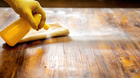 A gloved hand holding a spray bottle and wiping dust off a wooden table with a soft cloth.の素材