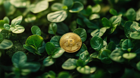 A golden dollar coin surrounded by small green plants, representing growth and prosperity.の素材