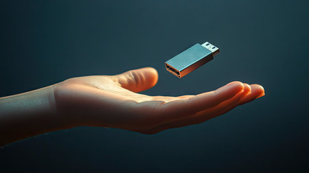 A hand presenting a USB flash drive as if offering it to the viewer, with subtle focus.の素材