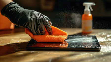 A hand wearing a glove using a bright orange rag to wipe dust off an electronic device with a cleaning spray nearby.の素材