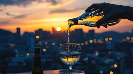 A hand pouring soju into a glass against the backdrop of a city skyline at sunset.の素材