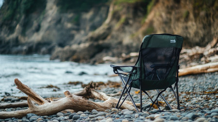 A folding camp chair sitting on a rocky beach with driftwood scattered around.の素材