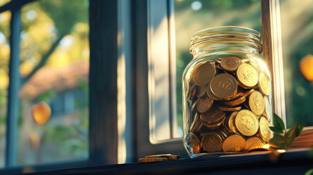 A jar filled with golden dollar coins, placed on a windowsill with sunlight streaming through.の素材