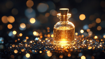 A miniature bottle glowing with golden contents, nestled in a ring of sparkling diamond imitations.の素材